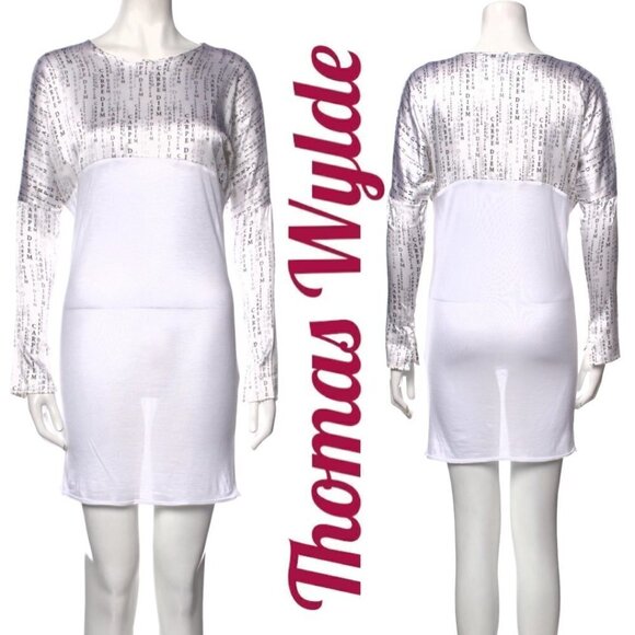 THOMAS WYLDE Carpe Diem Graphic Bateau Neckline Long Sleeve White Mini Dress, S - Picture 1 of 15